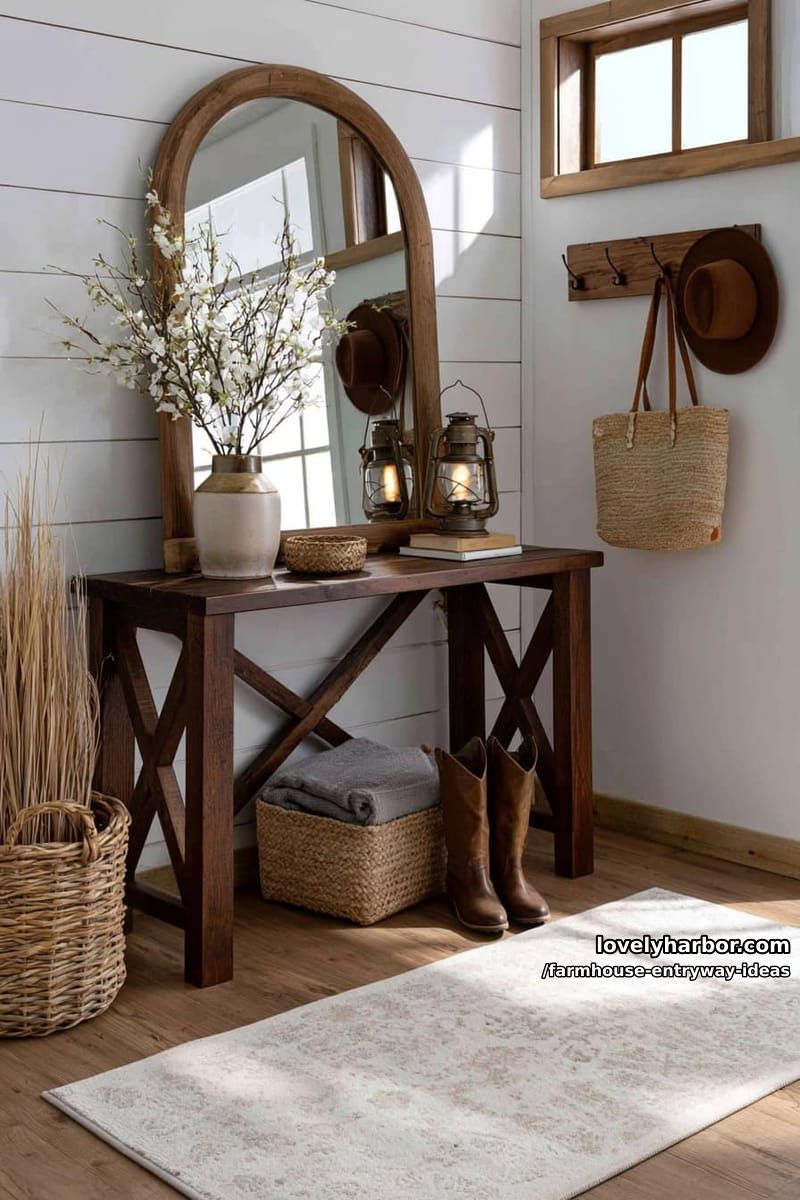 cozy entryway with shiplap, console table, arched mirror, and woven baskets. 1