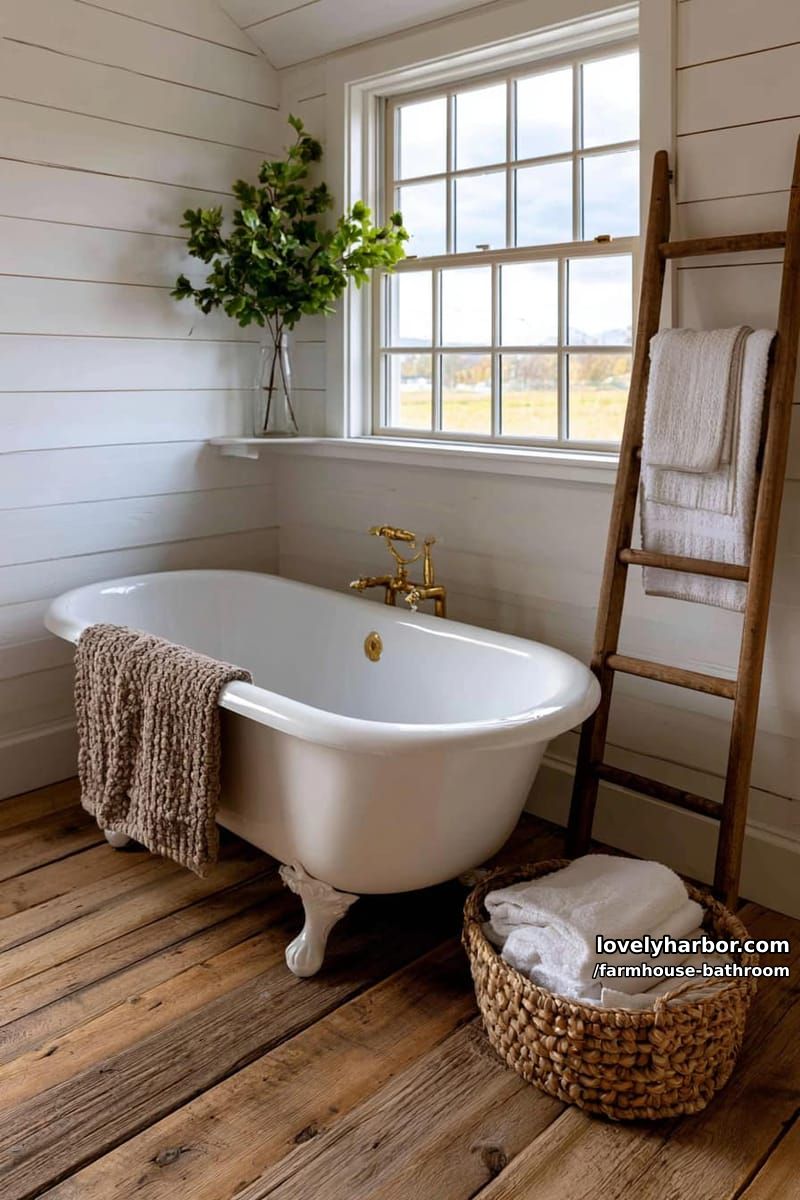 cozy farmhouse bathroom with clawfoot tub, wood ladder, shiplap, and brass fixtures. 1