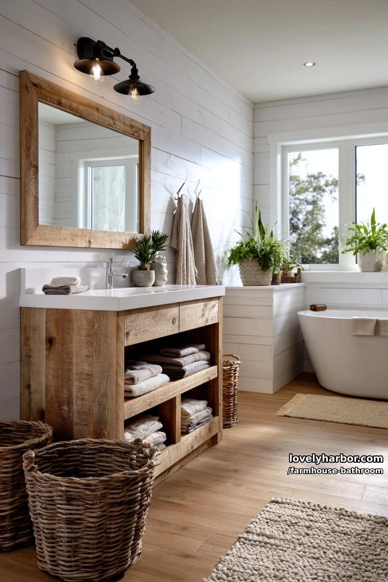 cozy farmhouse bathroom with wood vanity, open shelving, plants, and natural textures. 1