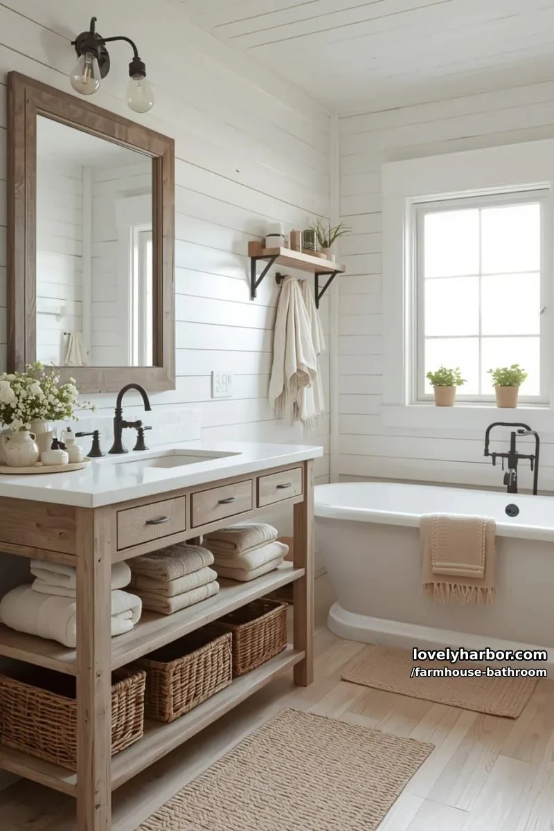 cozy farmhouse bathroom with wood vanity, open shelving, plants, and natural textures. 1