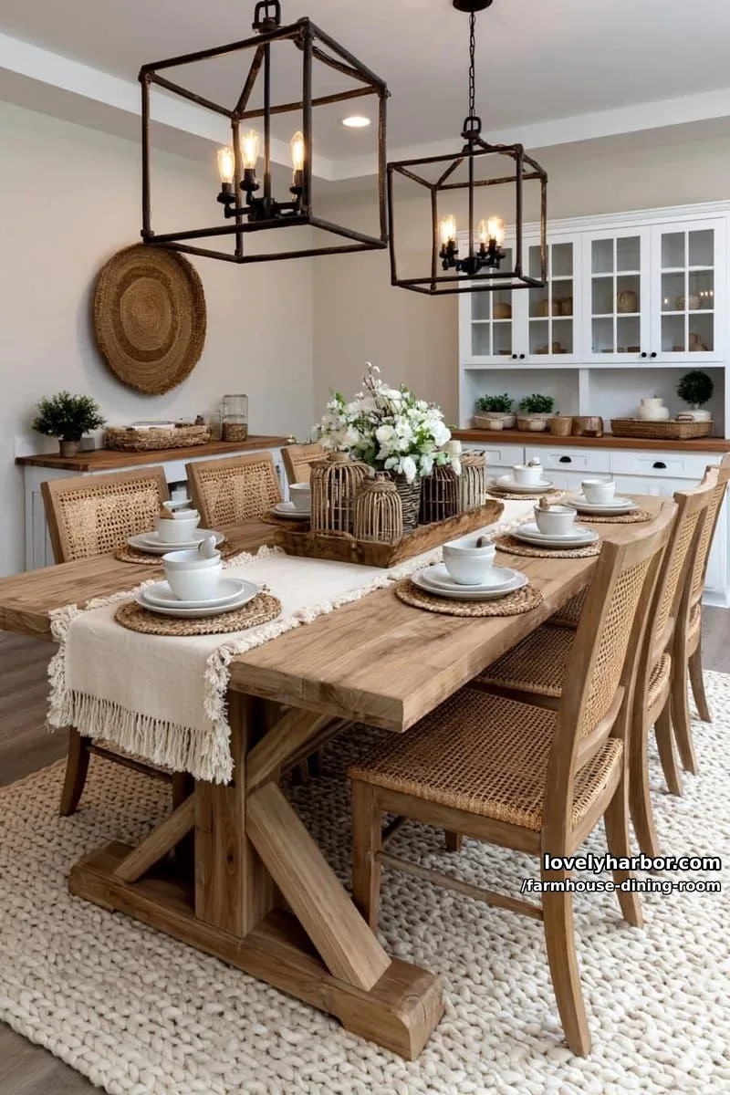 44 Rustic Farmhouse Dining Rooms to Inspire Your Space 8 cozy farmhouse dining room with x-base table, rattan chairs, floral centerpiece, iron chandeliers. 1