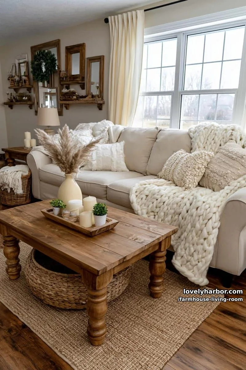 cozy farmhouse living room with beige sofa, wood coffee table, chunky throws, and wall mirrors. 1