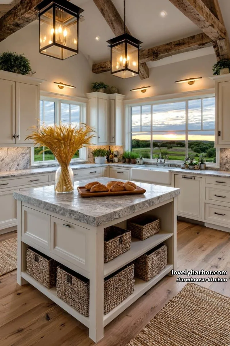 44 Trendy Farmhouse Kitchen Ideas to Inspire Your Next Remodel 33 cozy farmhouse with cream cabinetry, marble island, and sunset view. 1