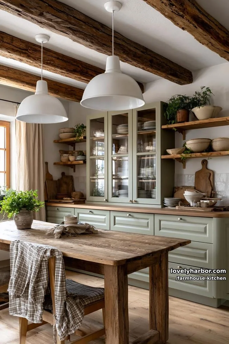 44 Trendy Farmhouse Kitchen Ideas to Inspire Your Next Remodel 50 cozy farmhouse with sage cabinets, checkered cloth, and vintage wall decor. 1