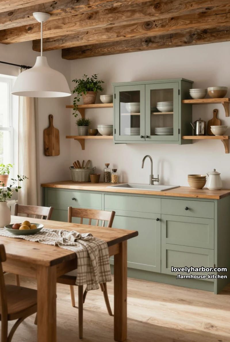 cozy farmhouse with sage cabinets, checkered cloth, and vintage wall decor. 1