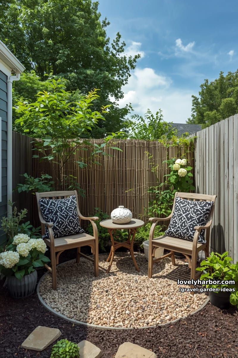 cozy garden corner with wooden chairs, gravel patio, and hydrangeas. 1