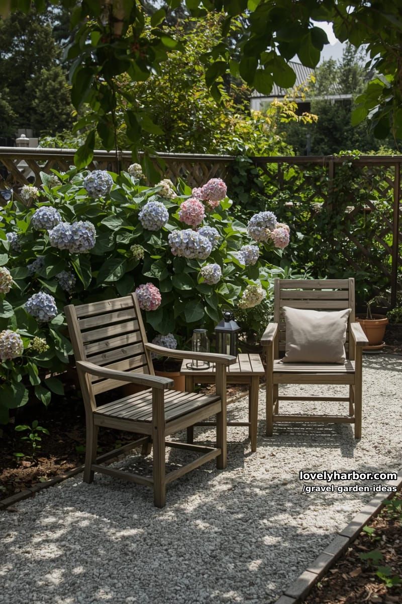 cozy garden corner with wooden chairs, gravel patio, and hydrangeas. 1