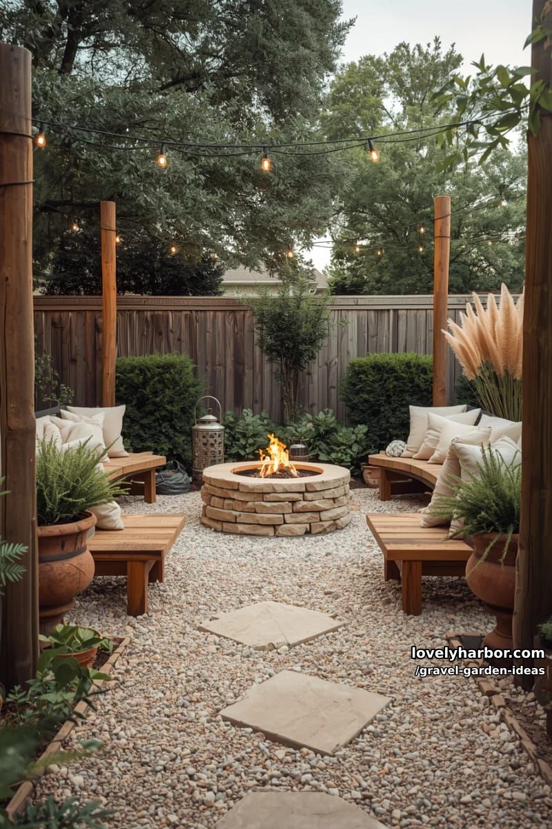 cozy gravel patio with fire pit, string lights, and wooden seating. 1