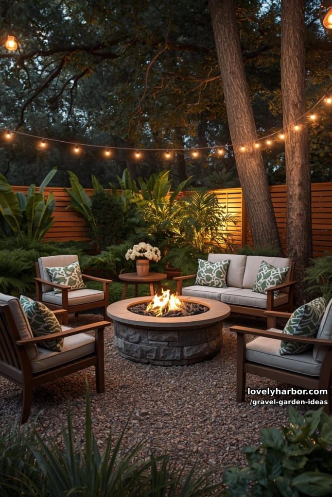 cozy gravel patio with fire pit, string lights, and wooden seating. 8
