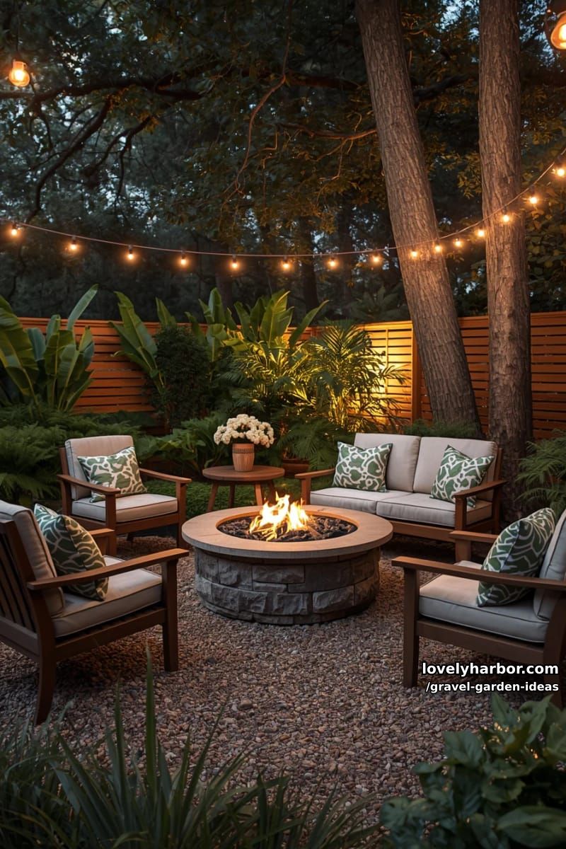 cozy gravel patio with fire pit, string lights, and wooden seating. 1