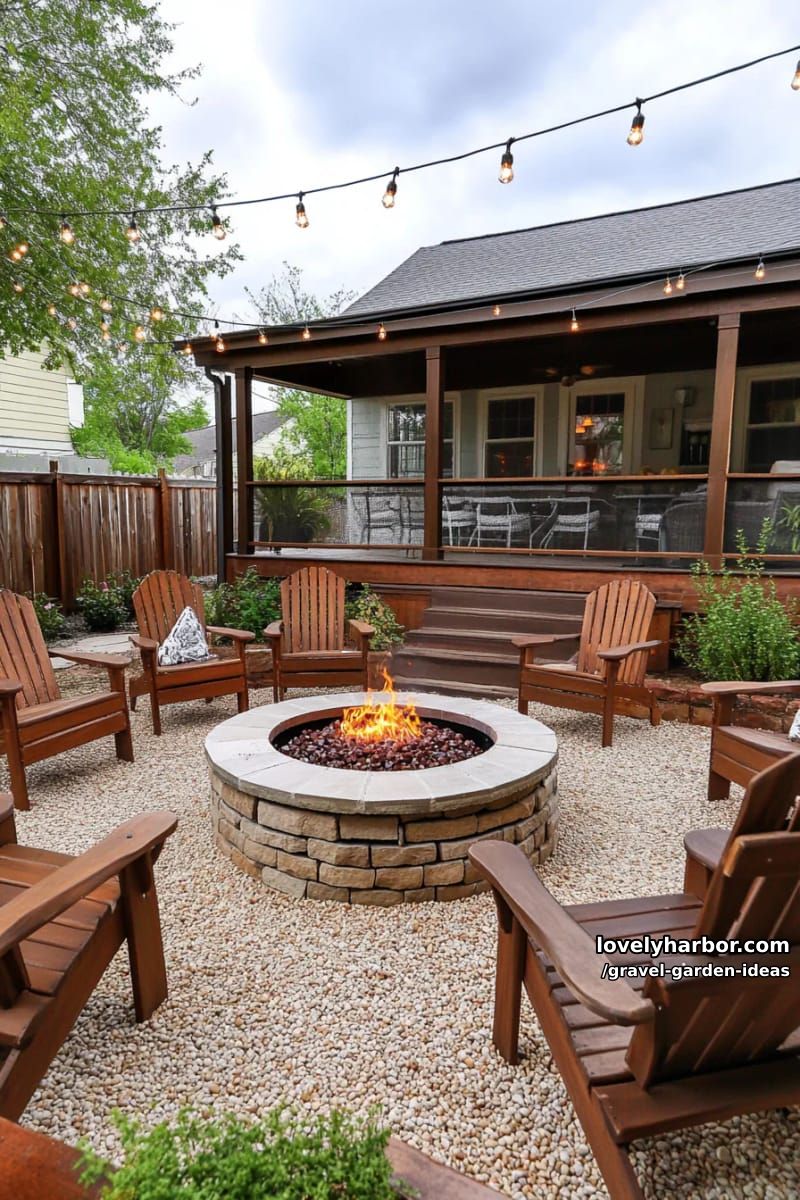 cozy gravel patio with fire pit, string lights, and wooden seating. 1