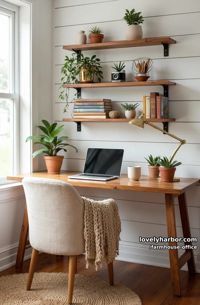 cozy home office with wood desk, knit throw, potted plants, and vintage shelves. 1