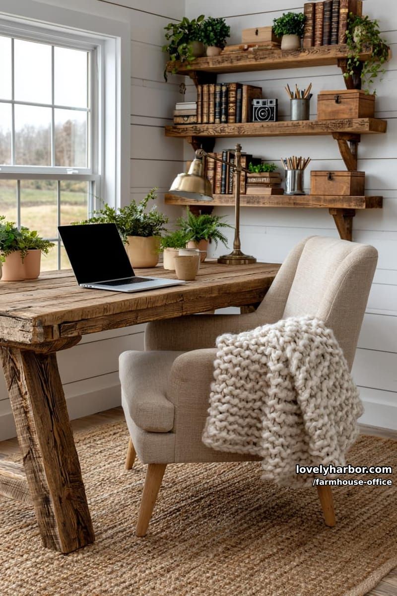 cozy home office with wood desk, knit throw, potted plants, and vintage shelves. 1