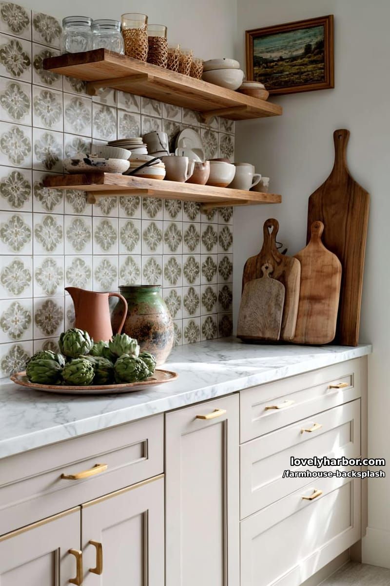 cozy kitchen with cream cabinets, marble counters, and vintage floral tile. 1