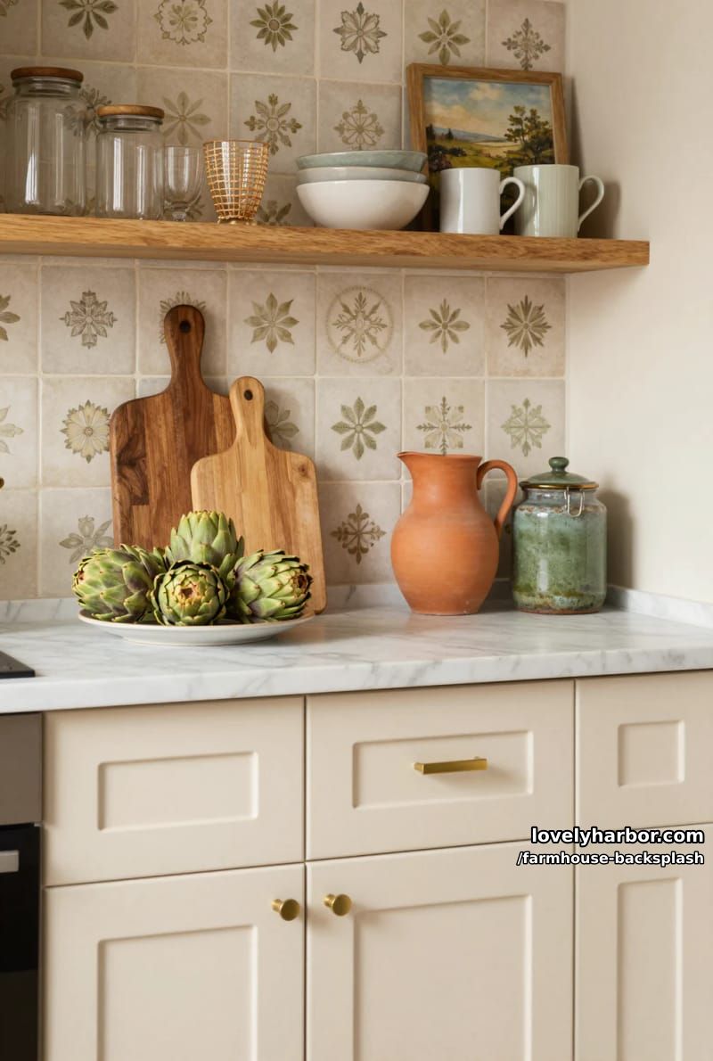 cozy kitchen with cream cabinets, marble counters, and vintage floral tile. 1