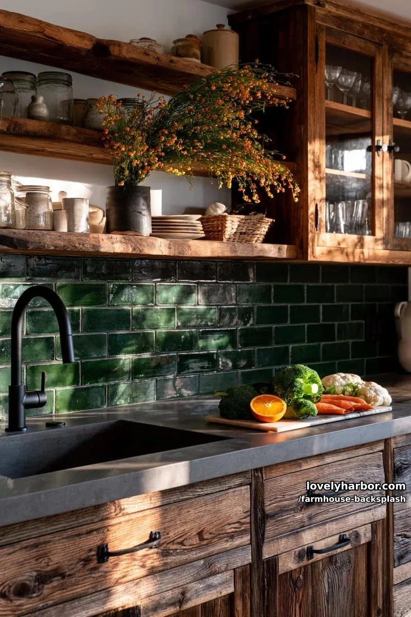 57 Stunning Farmhouse Backsplash Ideas You'll Love 29 cozy kitchen with dark wood cabinets, green tile backsplash, and open shelving. 1