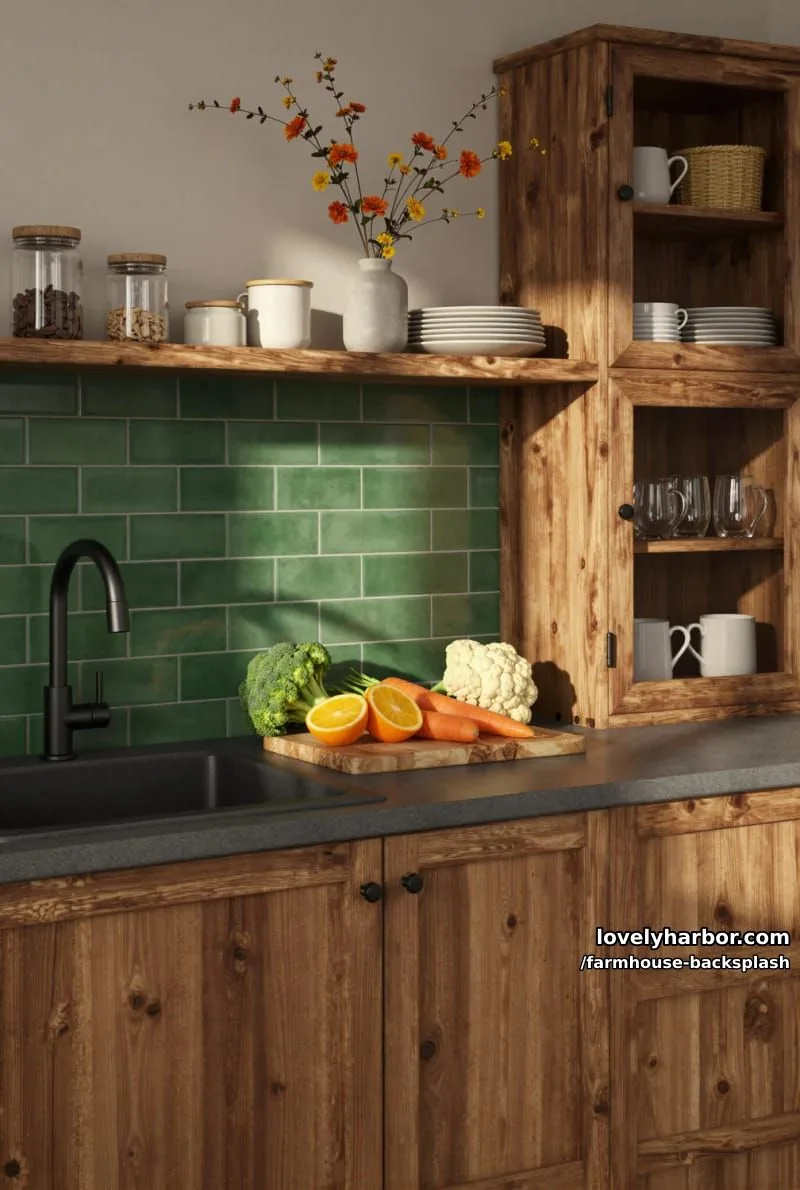 57 Stunning Farmhouse Backsplash Ideas You'll Love 30 cozy kitchen with dark wood cabinets, green tile backsplash, and open shelving. 1