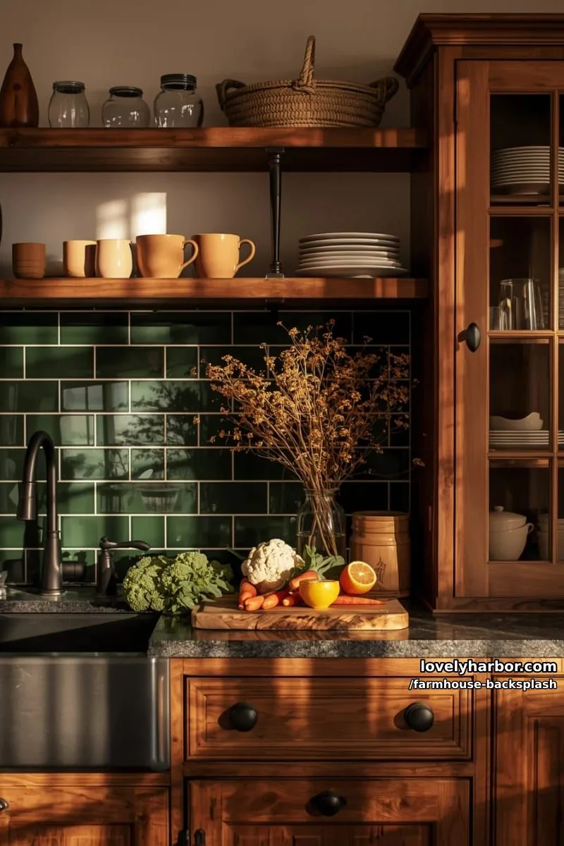 57 Stunning Farmhouse Backsplash Ideas You'll Love 31 cozy kitchen with dark wood cabinets, green tile backsplash, and open shelving. 1