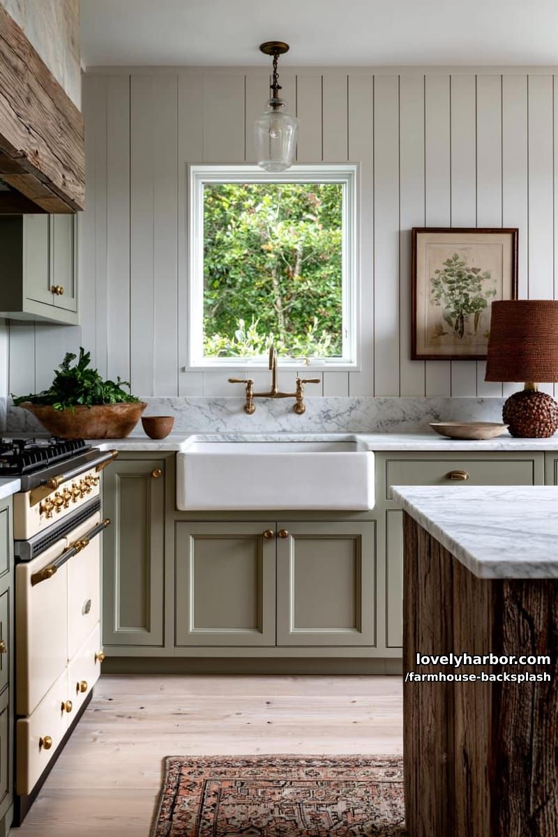 cozy kitchen with sage green cabinets, marble counters, and vintage accents. 1