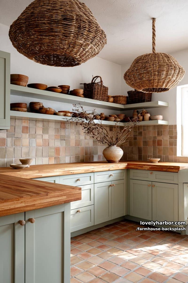 cozy kitchen with sage green cabinets, terracotta tiles, and wicker lighting. 1