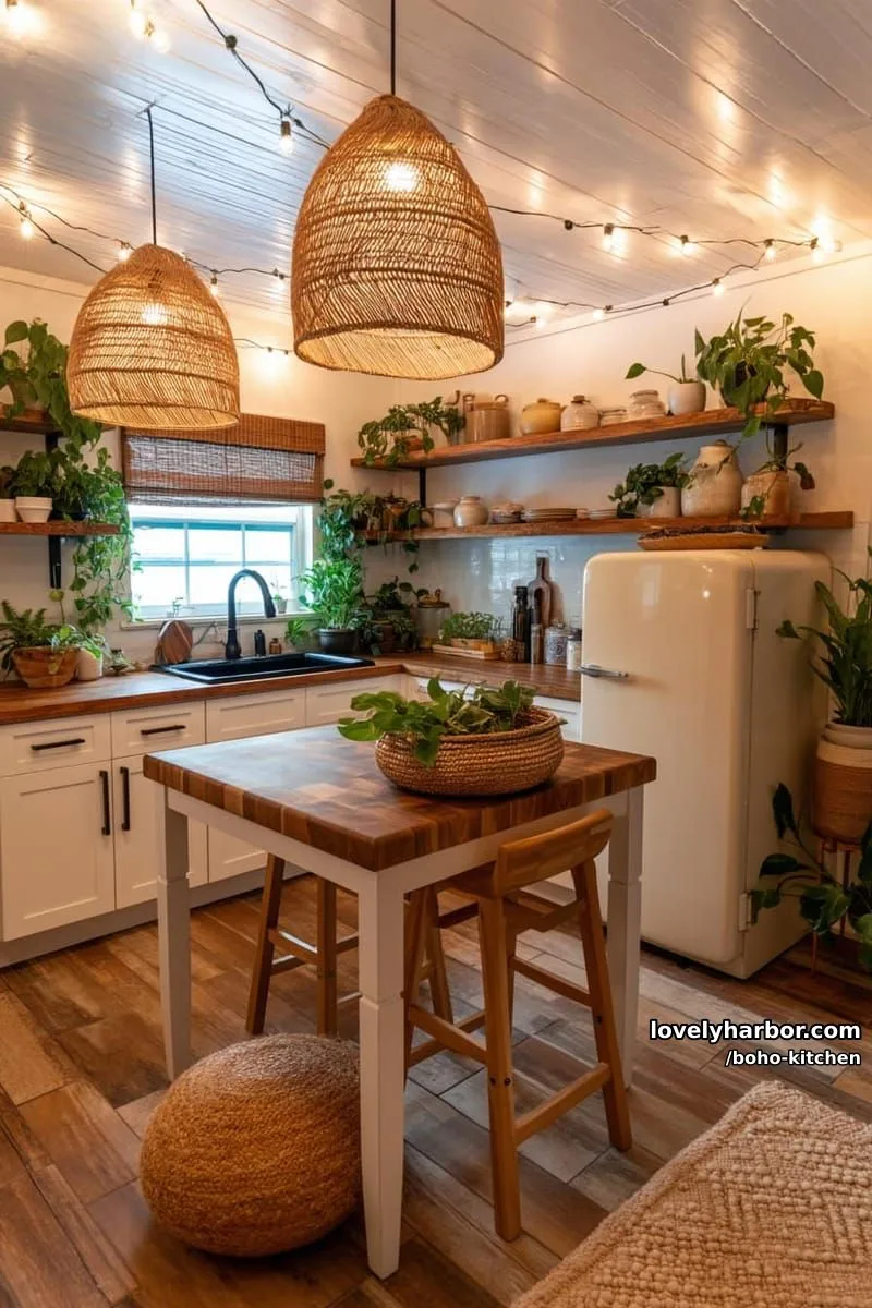 cozy kitchen with string lights, butcher block island, vintage fridge, lots of plants. 1