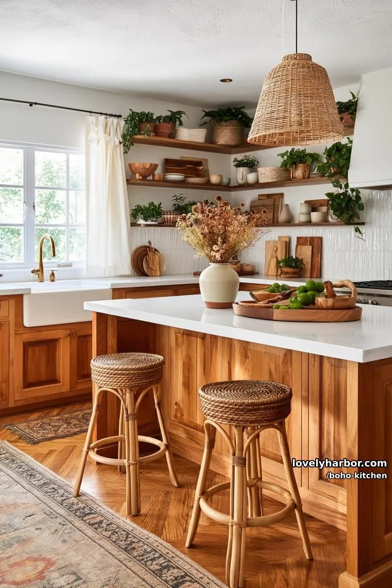 cozy kitchen with warm wood, marble island, rattan stools, and potted plants. 1