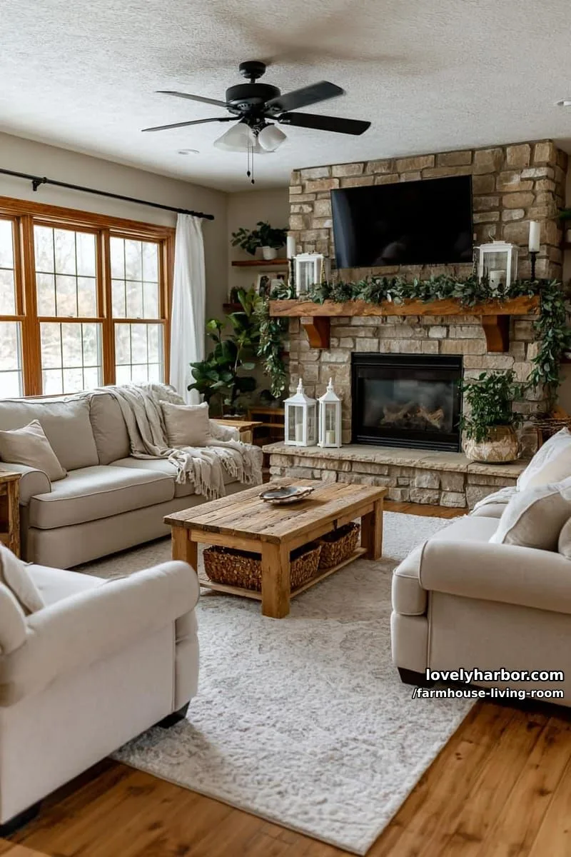 cozy living room with beige sofas, rustic coffee table, stone fireplace, and indoor plants. 1