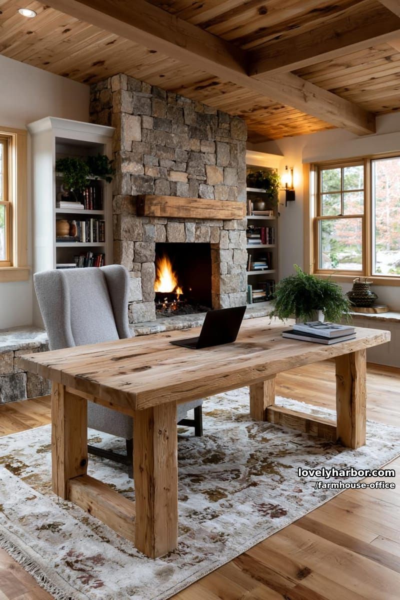 cozy office with rustic desk, stone fireplace, exposed beams, and built-in shelves. 1