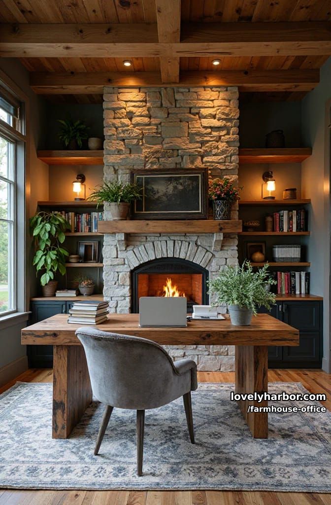 cozy office with rustic desk, stone fireplace, exposed beams, and built-in shelves. 1
