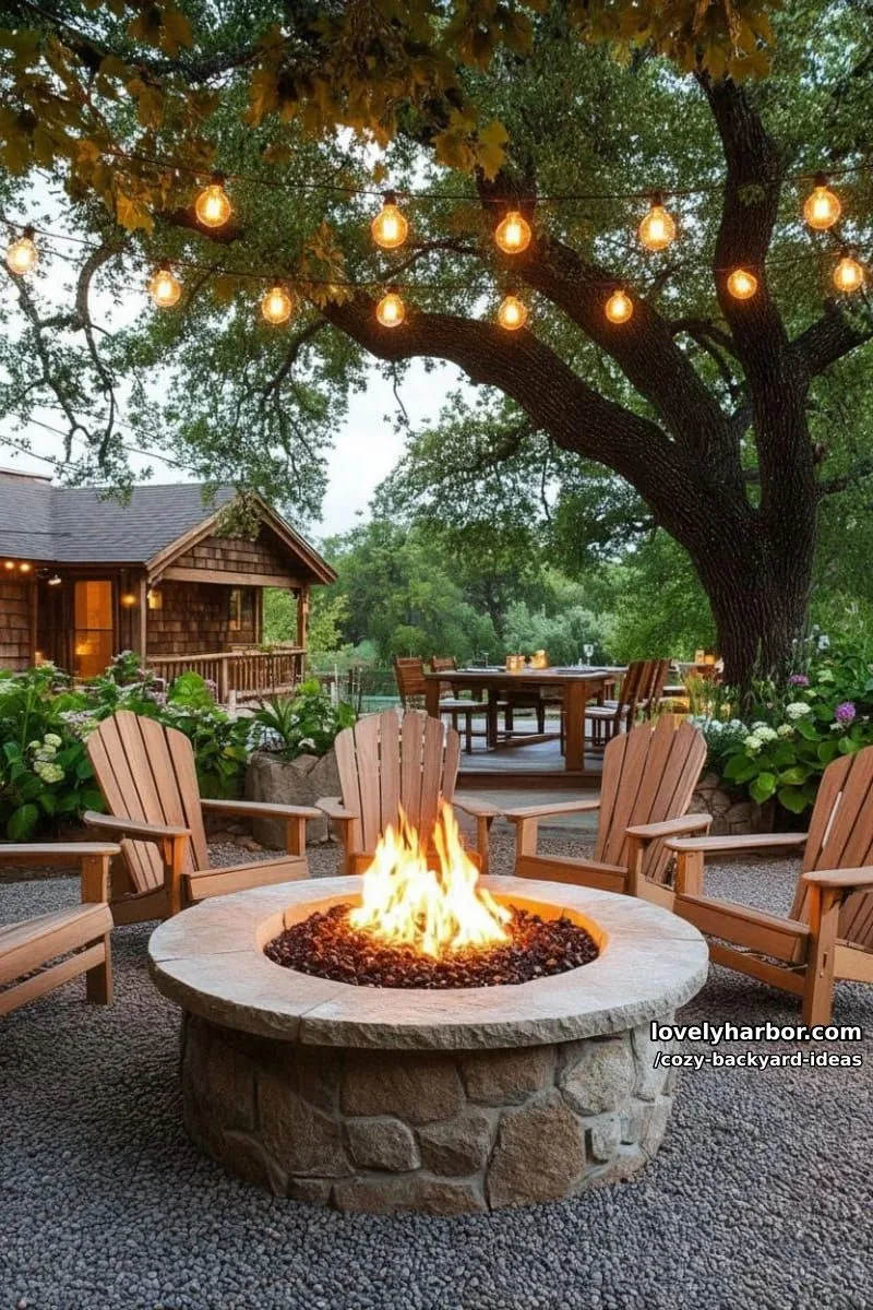 20 Cozy Backyard Ideas You Must Try 2 cozy outdoor patio with stone fire pit and string lights at dusk 1