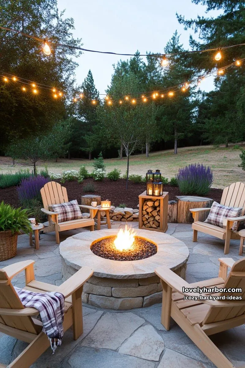20 Cozy Backyard Ideas You Must Try 3 cozy outdoor patio with stone fire pit and string lights at dusk 1