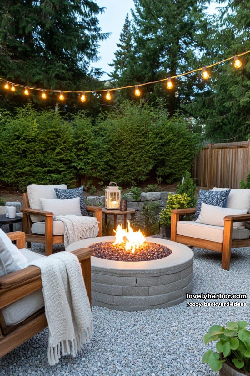 cozy outdoor patio with stone fire pit and string lights at dusk 1