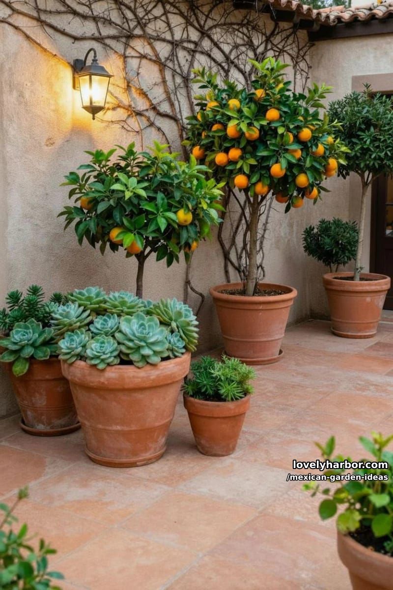 cozy patio with terracotta tiles, climbing vines, and orange trees in pots. 1