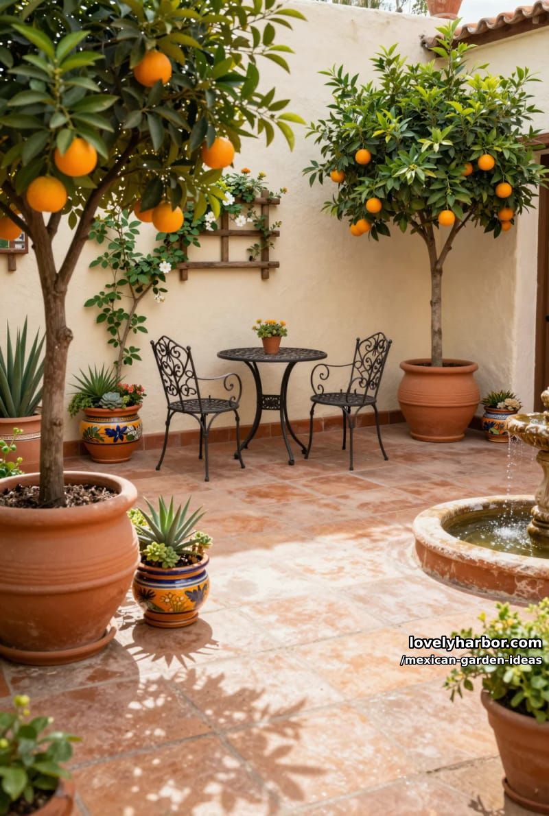 cozy patio with terracotta tiles, climbing vines, and orange trees in pots. 1