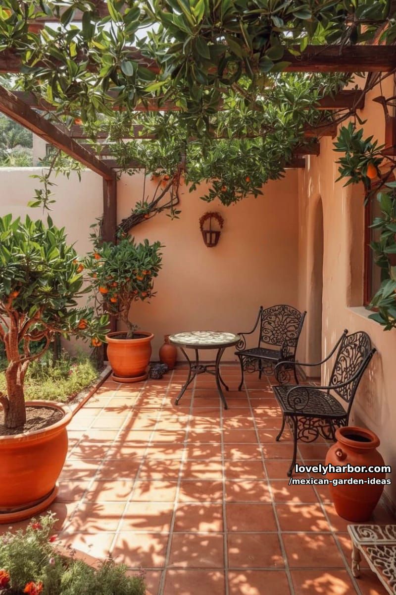 cozy patio with terracotta tiles, climbing vines, and orange trees in pots. 1