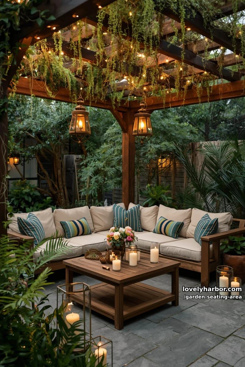 cozy patio with wooden pergola, string lights, l-shaped sofa, and lanterns 1