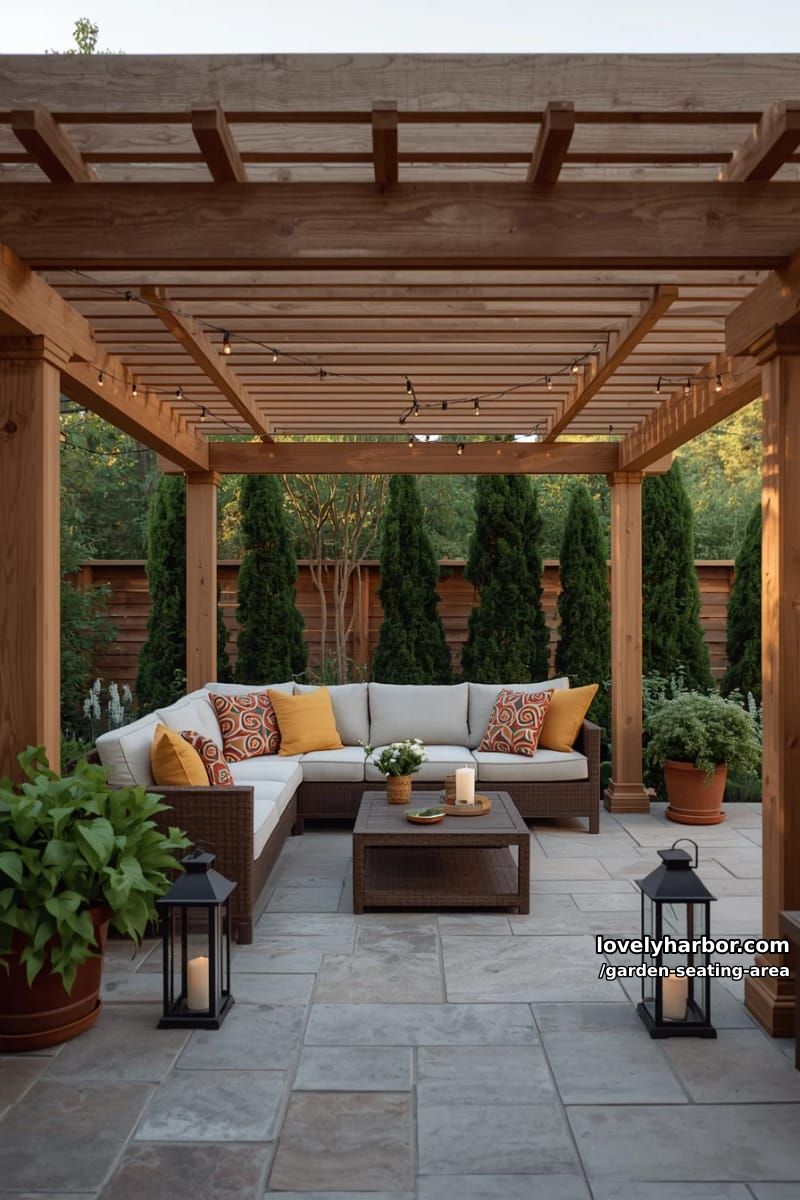 cozy patio with wooden pergola, string lights, l-shaped sofa, and lanterns 1