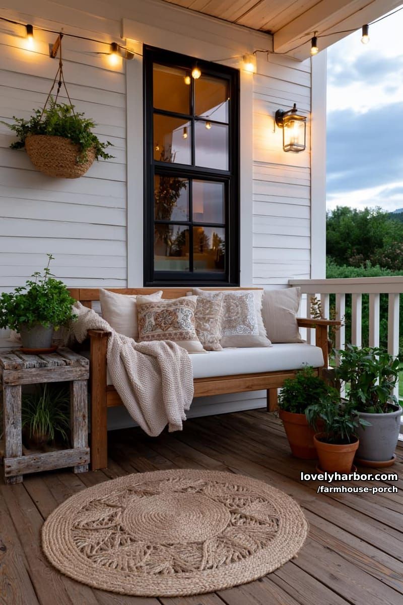 cozy porch with wooden bench, neutral pillows, string lights, and hanging basket planter. 1