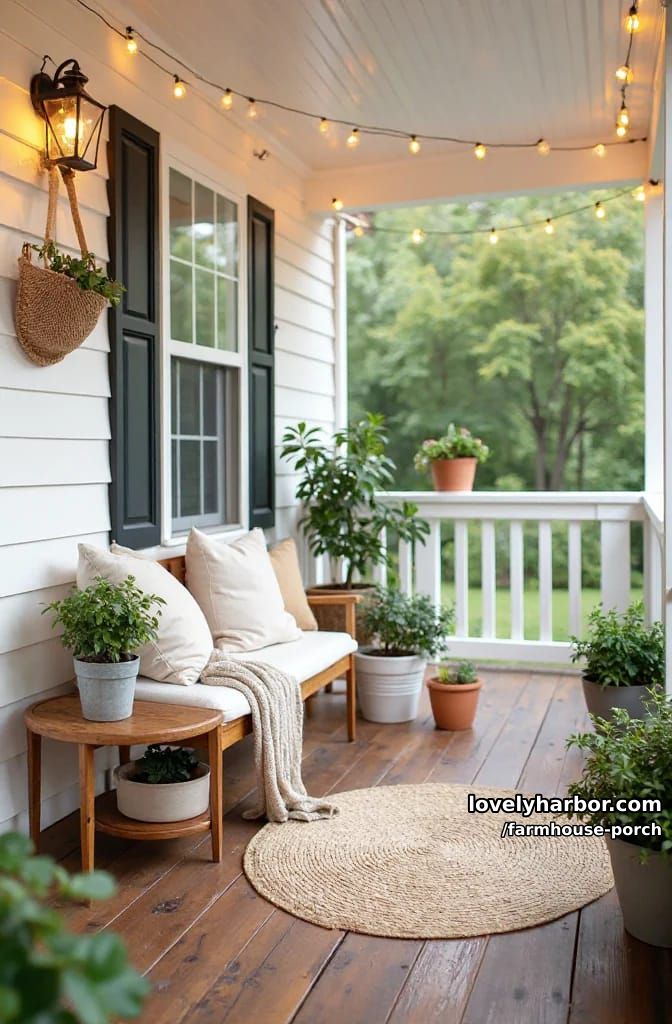 cozy porch with wooden bench, neutral pillows, string lights, and hanging basket planter. 1