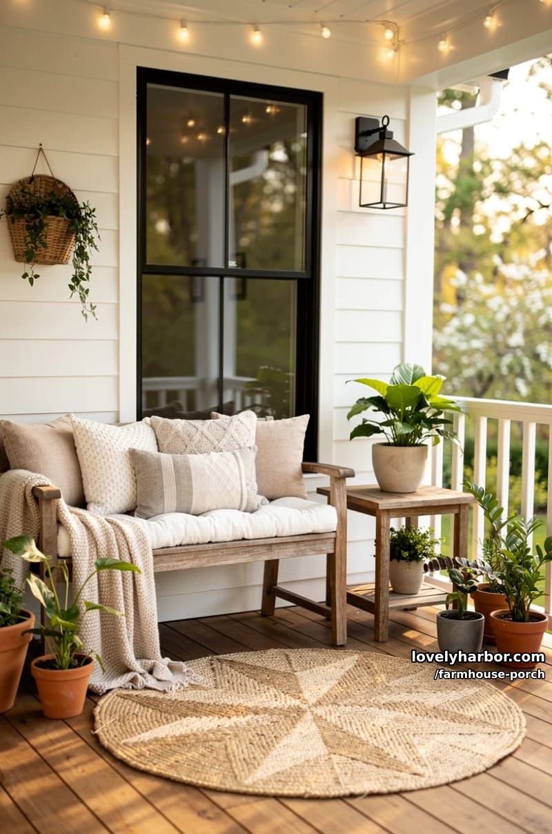 cozy porch with wooden bench, neutral pillows, string lights, and hanging basket planter. 1