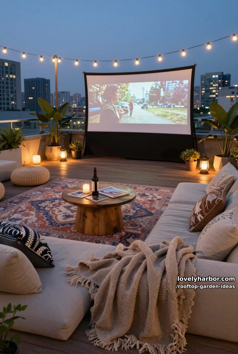 cozy rooftop movie night with projector, string lights, and comfy seating. 1