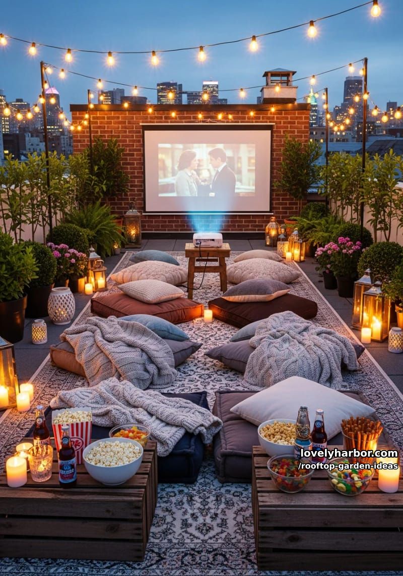 cozy rooftop movie night with projector, string lights, and comfy seating. 1
