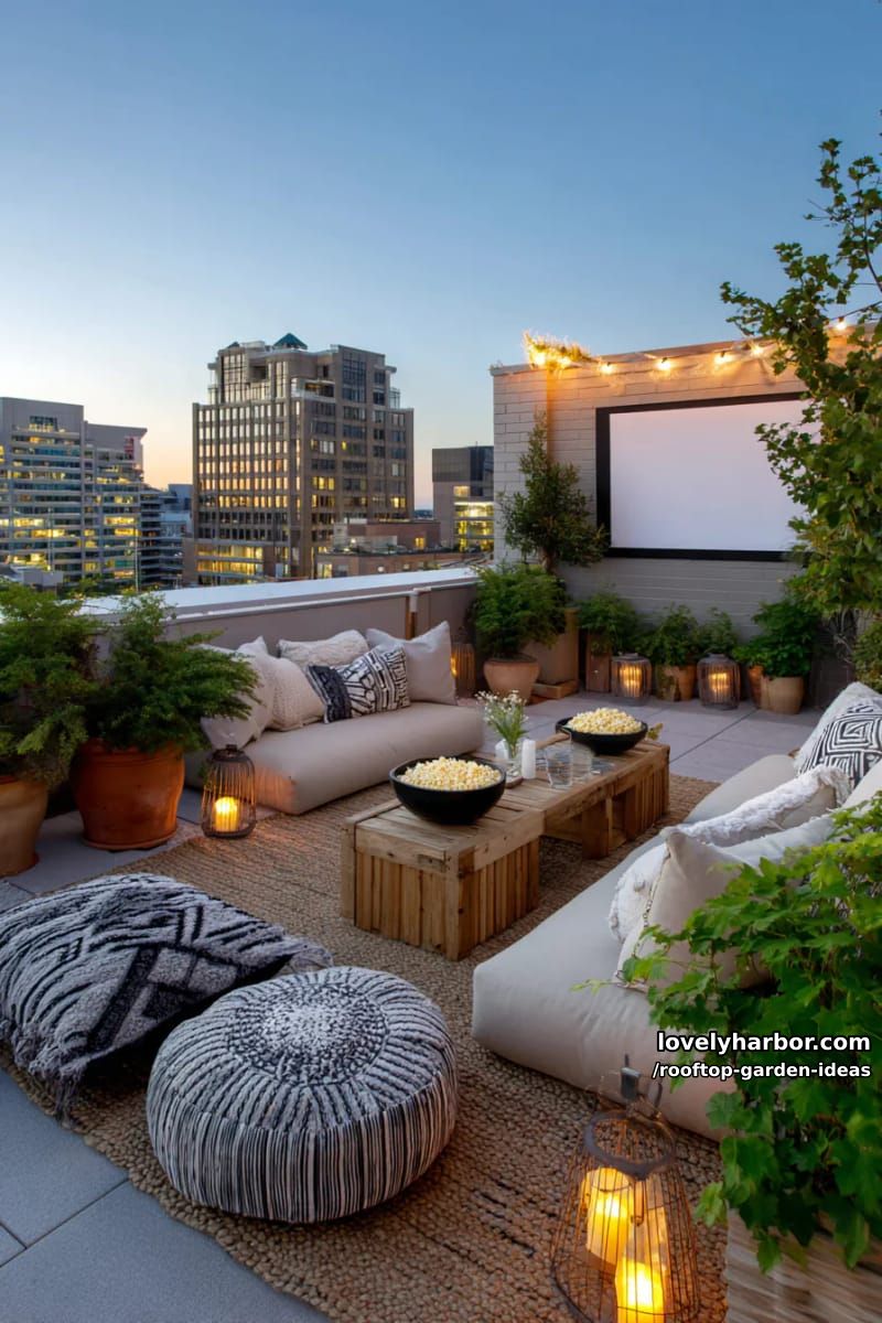 cozy rooftop movie night with projector, string lights, and comfy seating. 1