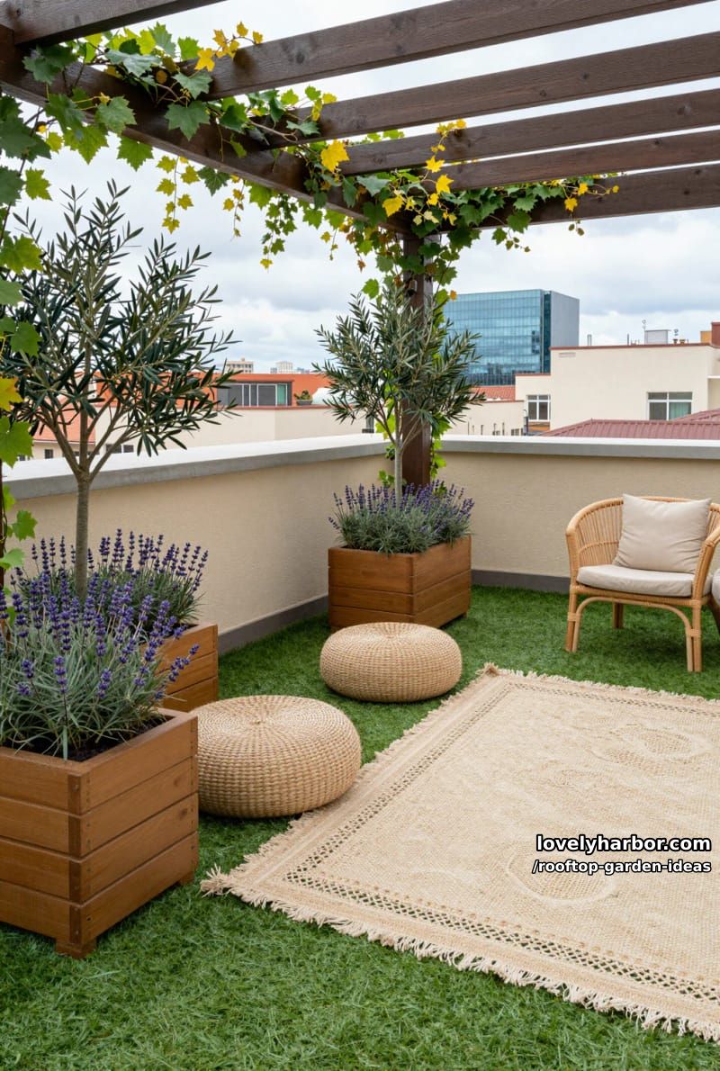 cozy rooftop terrace with pergola, vines, potted olive trees, and rattan seating. 1