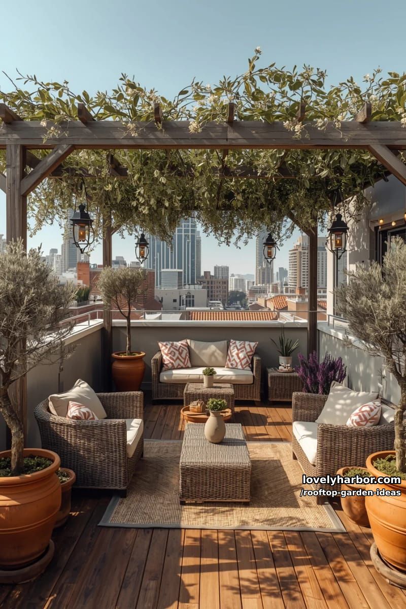 cozy rooftop terrace with pergola, vines, potted olive trees, and rattan seating. 1