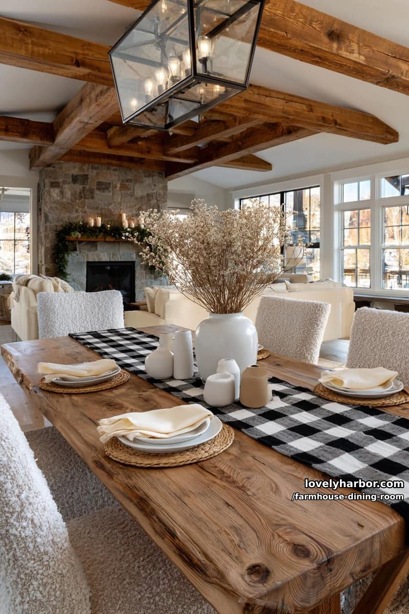 cozy rustic dining room with plaid runner, white plates, dried flowers, stone fireplace. 1