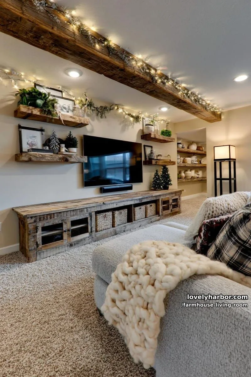 cozy rustic living room with mounted tv, floating shelves, wooden console, and soft textiles. 1