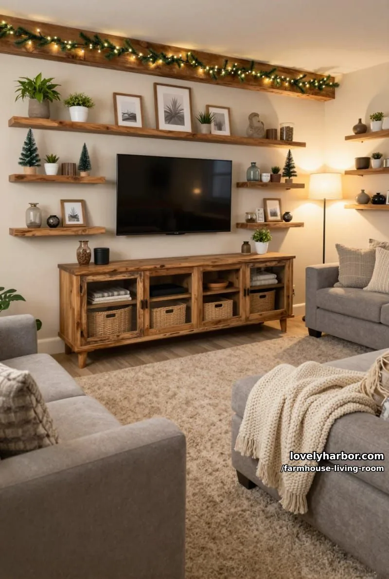 cozy rustic living room with mounted tv, floating shelves, wooden console, and soft textiles. 1