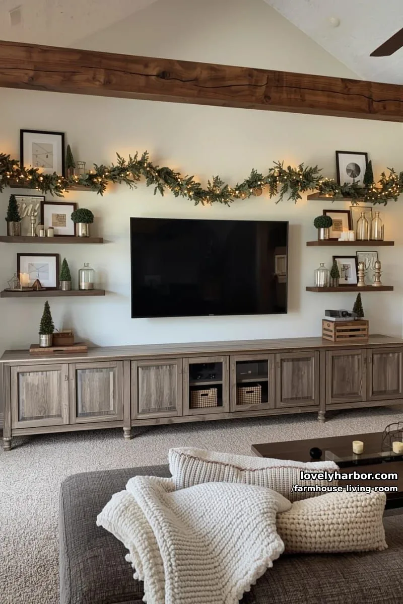 cozy rustic living room with mounted tv, floating shelves, wooden console, and soft textiles. 1