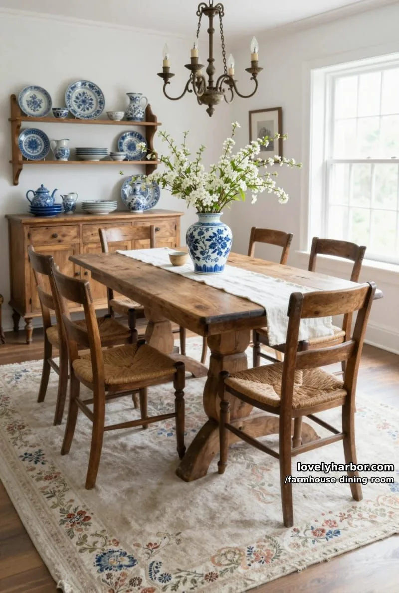 44 Rustic Farmhouse Dining Rooms to Inspire Your Space 24 cozy vintage dining room with woven chairs, floral rug, blue-and-white ceramics, ornate chandelier. 1